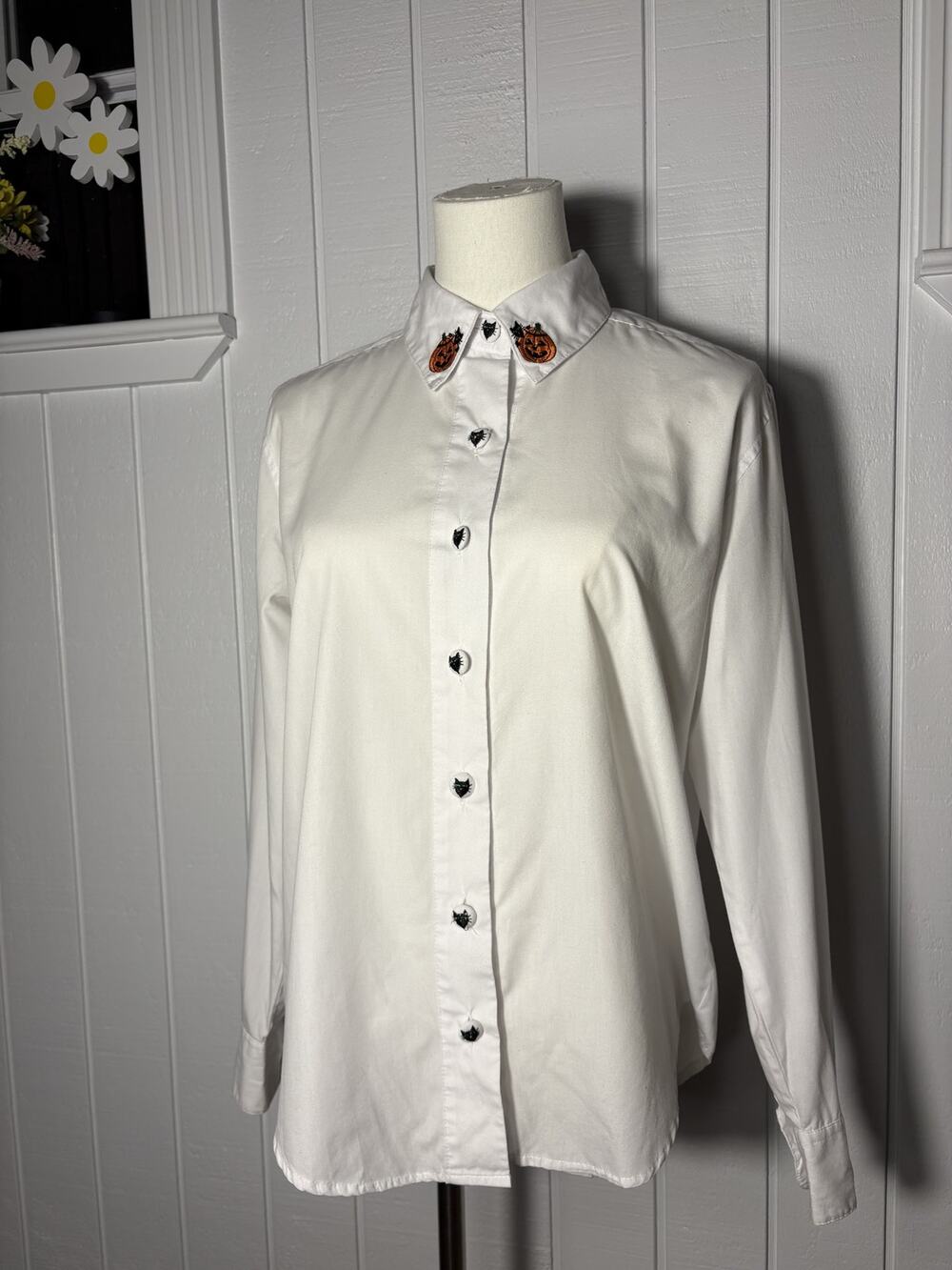 Halloween Pumpkin Black Cat Embroidered Button Up Blouse Women S